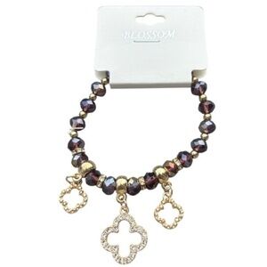 5/$25 Blossom Amber Iridescent & Gold Rainbow Beaded Bracelet with Charms
